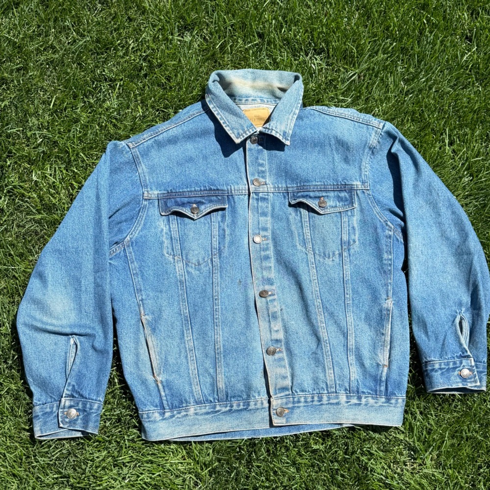 Open Trails Mens Denim Trucker Jacket Medium Wash Blue Cotton Workwear Size M